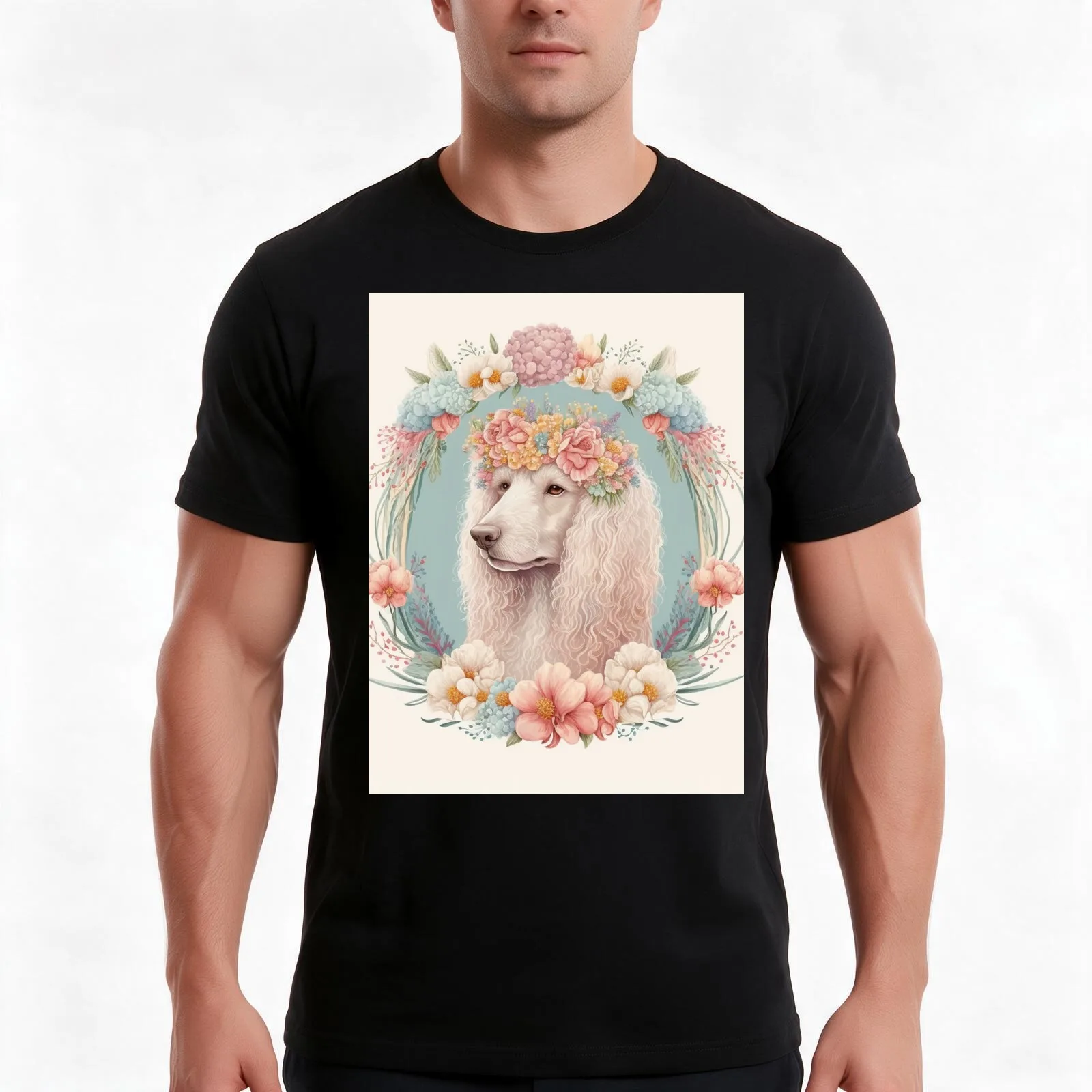 Cute Poodle Dog in Watercolor Floral Crown Painting T-Shirt Summer Casual Cotton Tee Oversized Streetwear Tops 100% Cotton