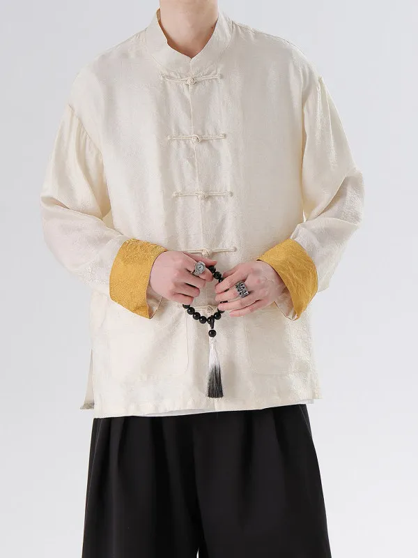 

Loose Fit Long Sve Casual irt Men's Traditional Chinese Sle Spring New Year's Blossom Design Stand Collar Button up