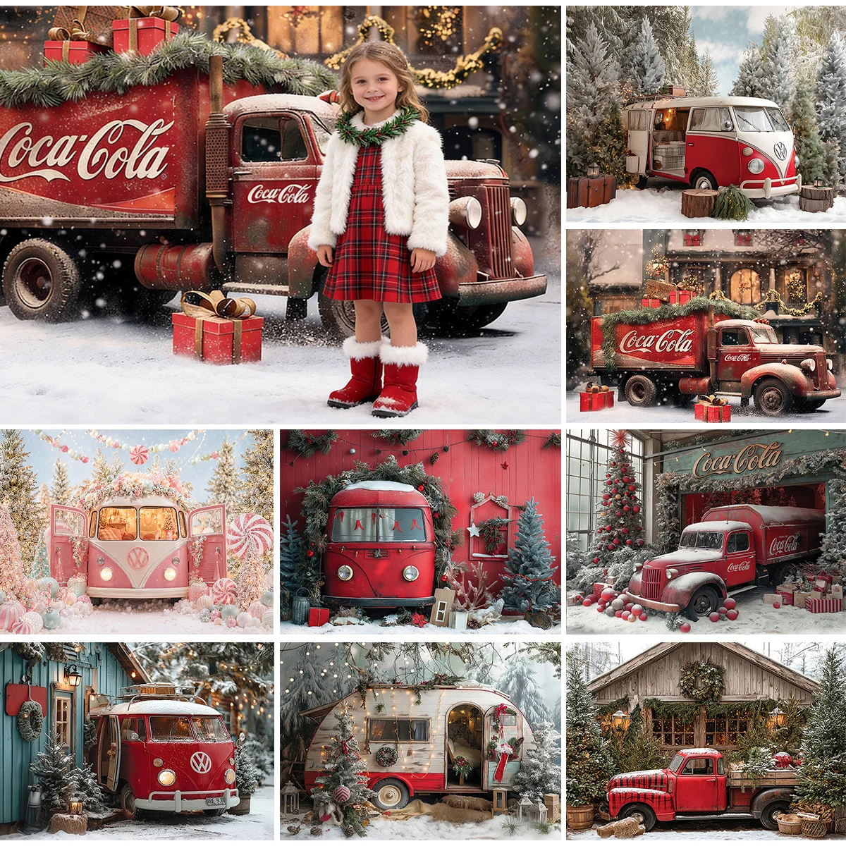 Christmas Retro Vintage Red Truck Camper Van Snowy Winter Xmas Pine Tree Gift Deco Photo Studio Photography Backdrop For Baby