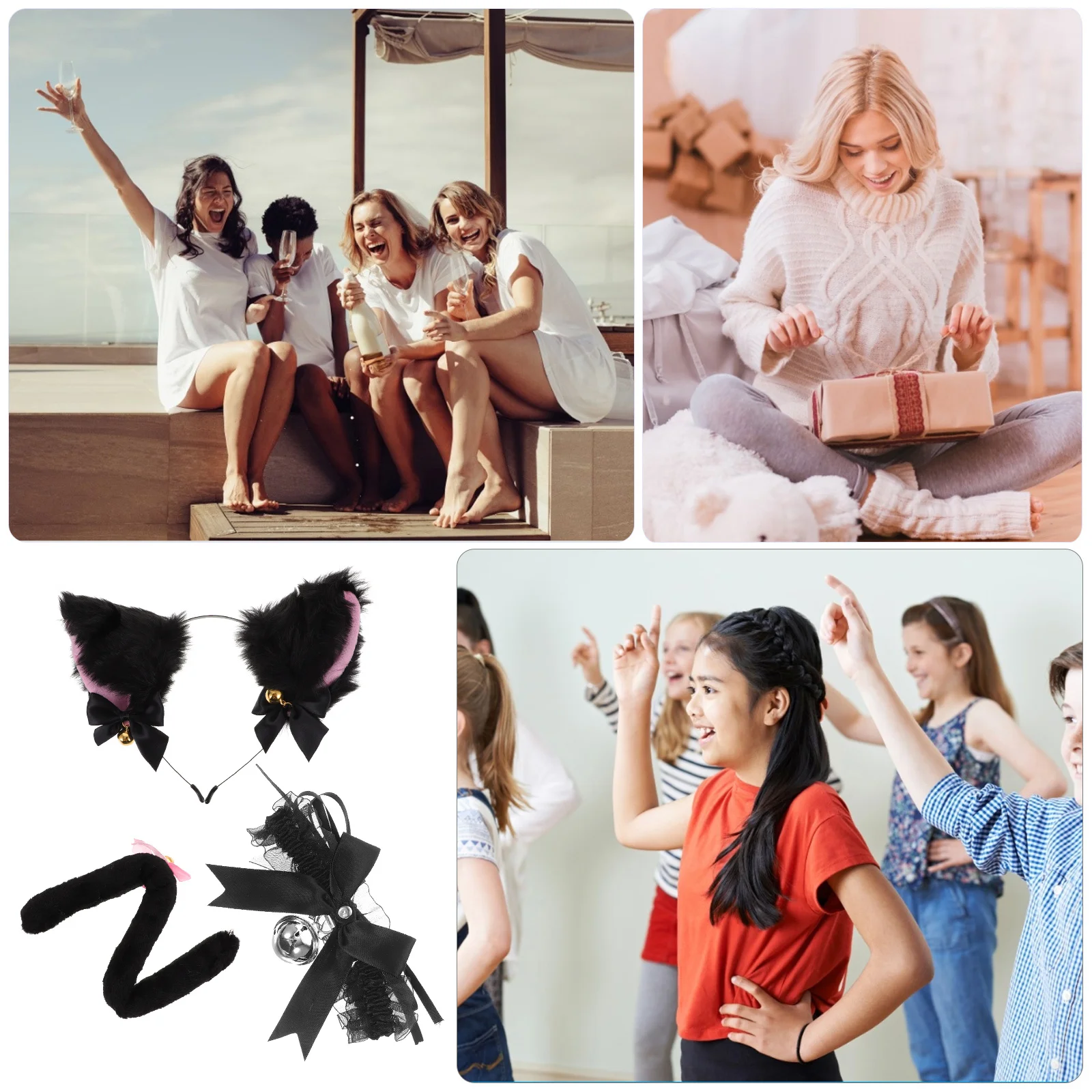 1Set Cat Ear Headband Tail Choker Animal Ears Hairband Cosplay Party Dress Up Performance Costume Prop Cat Animal Ears Headband