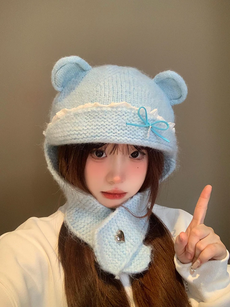 

Cute bear ears with wool knitted wool hats women's hat thermal ear protection Lei Feng hats