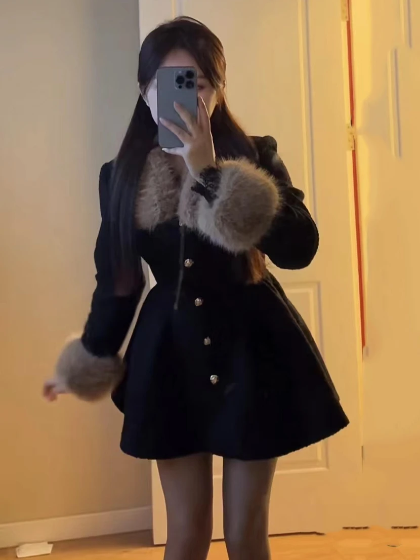 

Шерстяное пальто для похудения со съемным воротником, костюм с застежкой на талию, корейская версия, длинная застежка на одной пуговице