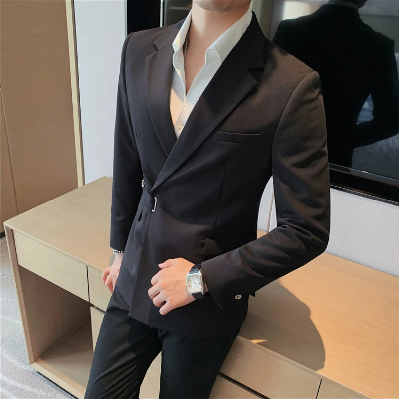 Men Dress Autumn Blazers Cotton Linen Oblique Buckle Tuxedo Man Jacket One Button Pockets Blazer Coat Homens Suit Male Clothing