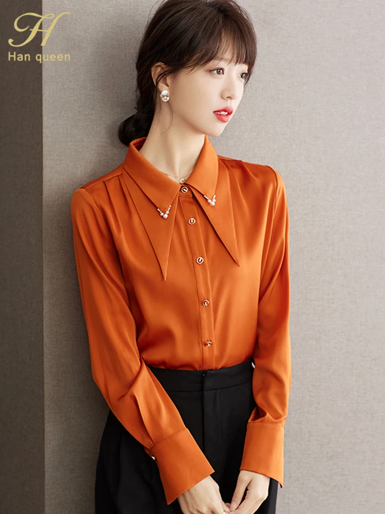 H Han Queen Spring Autumn Tops Simple Office Lady Chiffon Blouse Female Shirt  Long Sleeve Casual Korean OL Loose Blouses Women