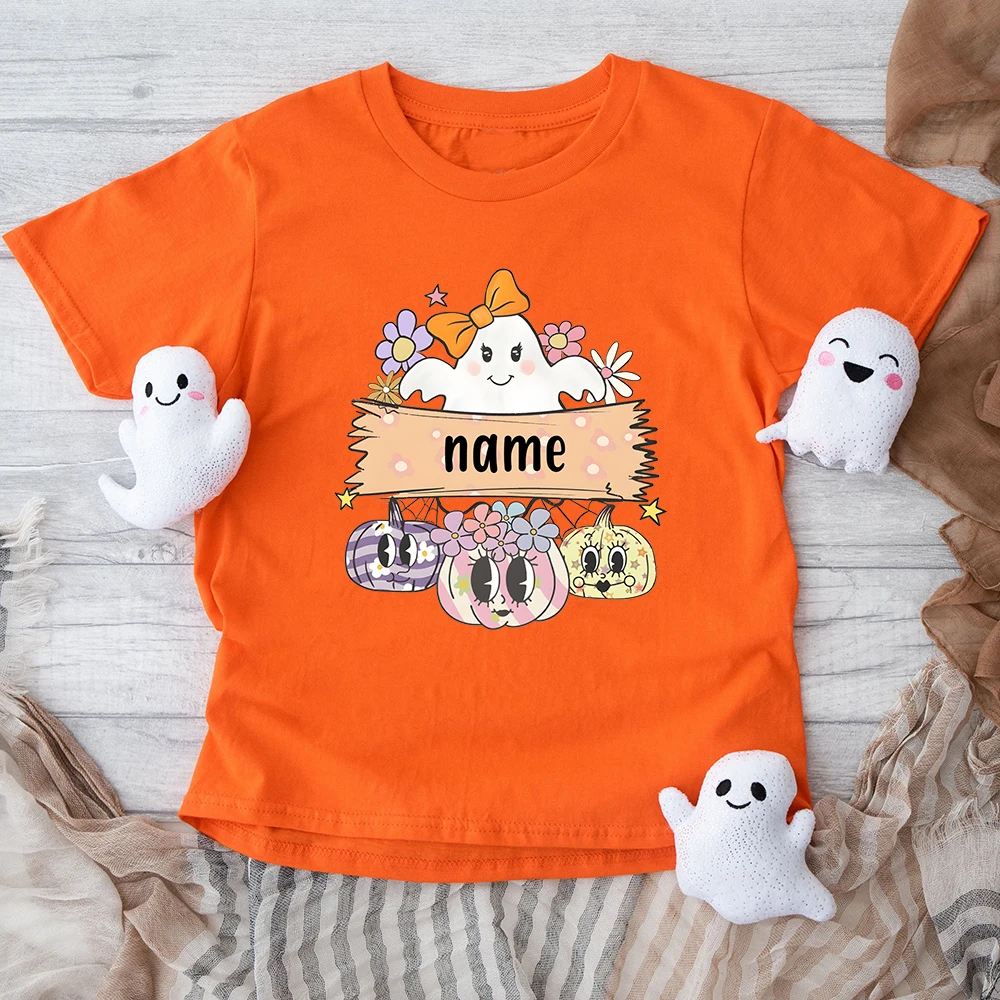 Custom Name Ghost&Pumpkin Print Kid T-shirt Casual Short Sleeve Child Tee Tops Personalized Halloween Party Childs Clothes