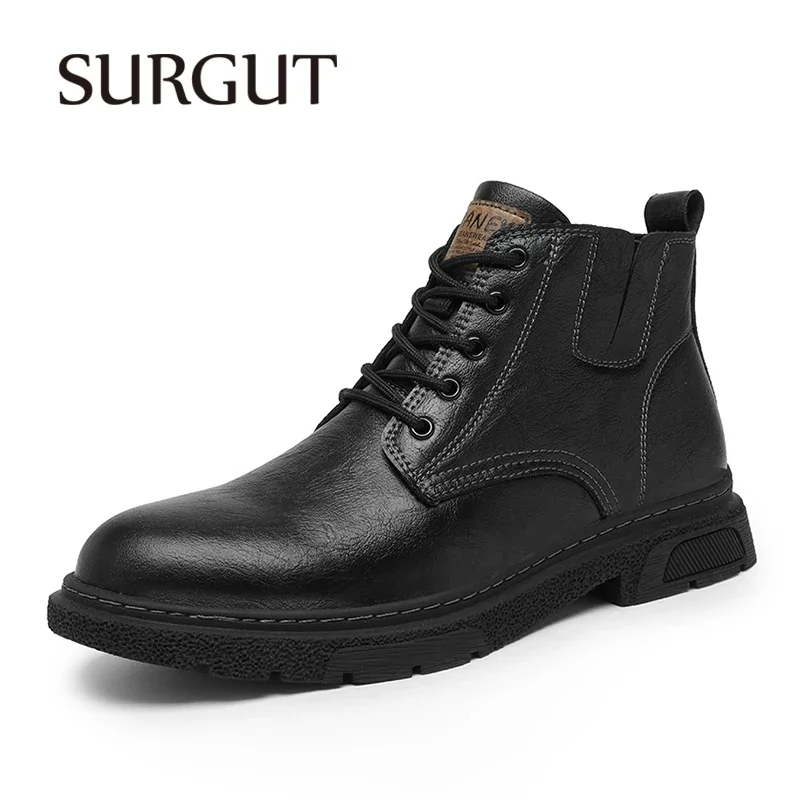 

SURGUT Men's Casual Shoes Fashion Motorcycle Ankle Boots Waterproof Anti-Slip High-Top Boots Men Leather Shoes Men Size 38-46