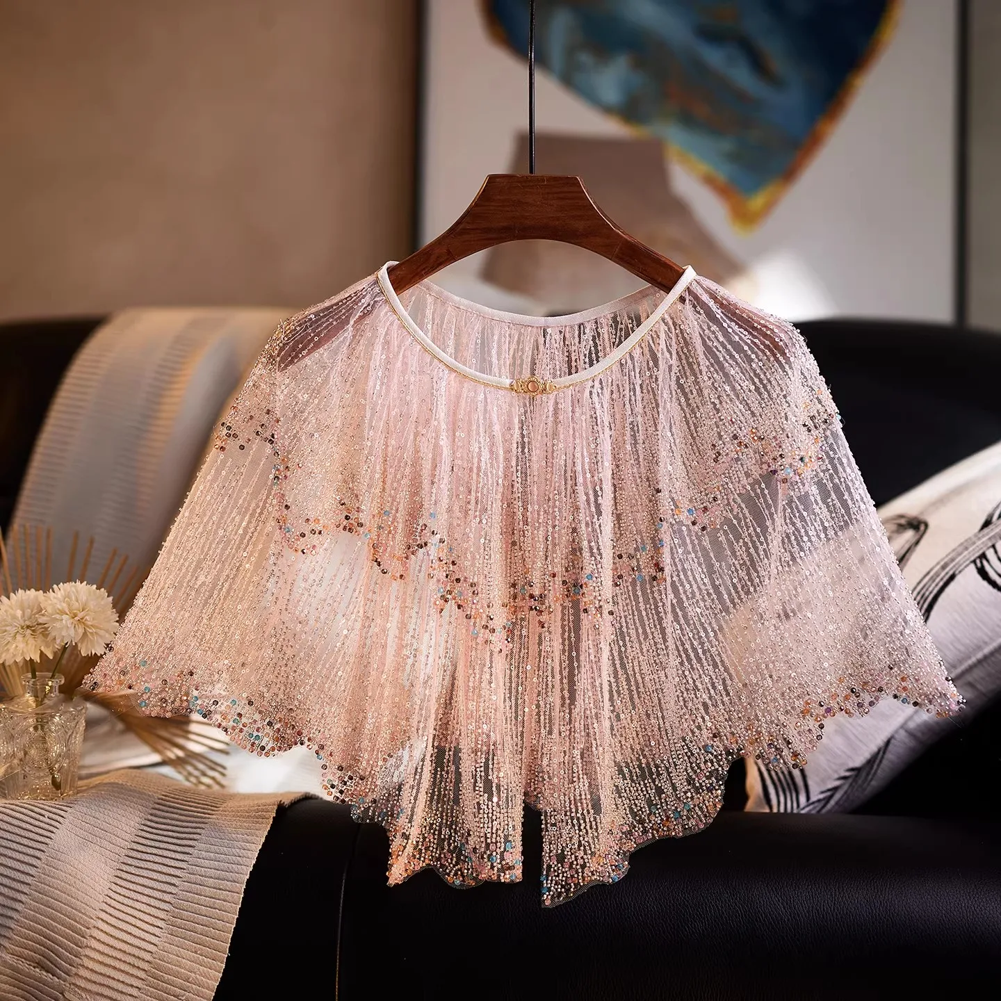 Handmade Beaded Embroidery Lace Short Jacket, Versatile Fairy Round Neck Cape Shrug Cover Up Shawl R2567
