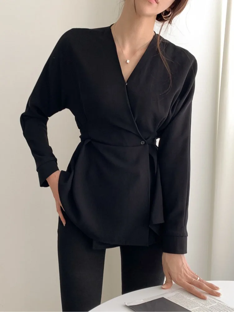 

Chic Vintage Design Cross V-Ne Button Belted Slimming Long Sve irt Versatile Faionable Women's Original Design S...