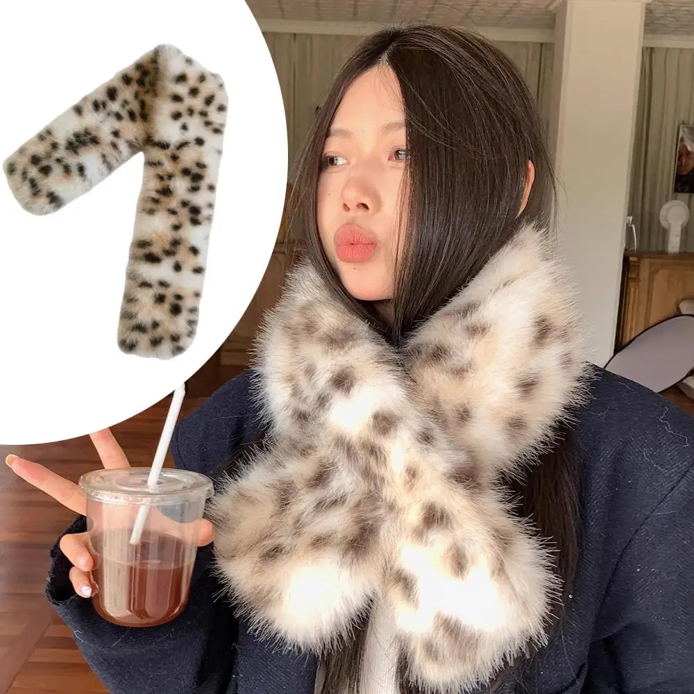 

Женский плюшевый шарф с крестом, шарф с леопардовым принтом, шарф из искусственного кроличьего меха, морозостойкие шарфы, уличные ветрозащитные мягкие пушистые теплые шарфы для шеи