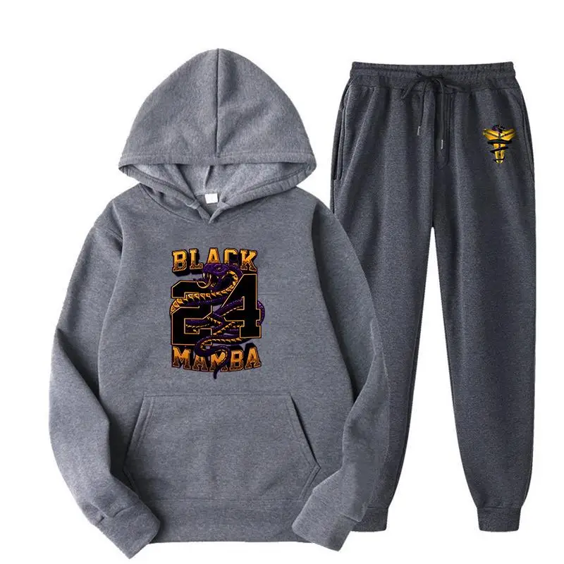 Men's black Mamba print hooded sweatshirt set, oversized casual loose fit sportswear, American hooded sweatshirt