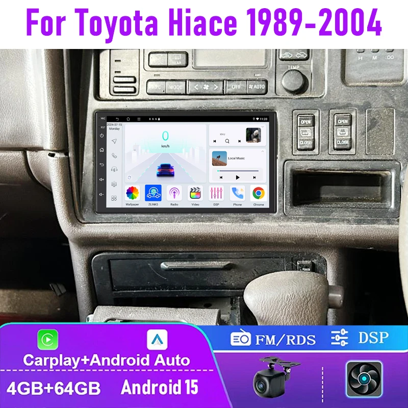 

7" 4+64GB For Toyota Hiace 1989-2004 Car Radio Wireless Carplay Android 15 Auto Steering Wheel Control Head Unit GPS Navi
