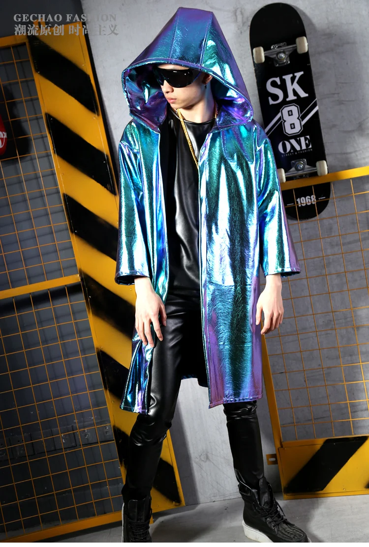 

Fashion Male Singer Costume DJ MC Pu Cape Coat Long Robe Nightclub Gogo Performance HipHop Stage Clothing Men Trending Costume