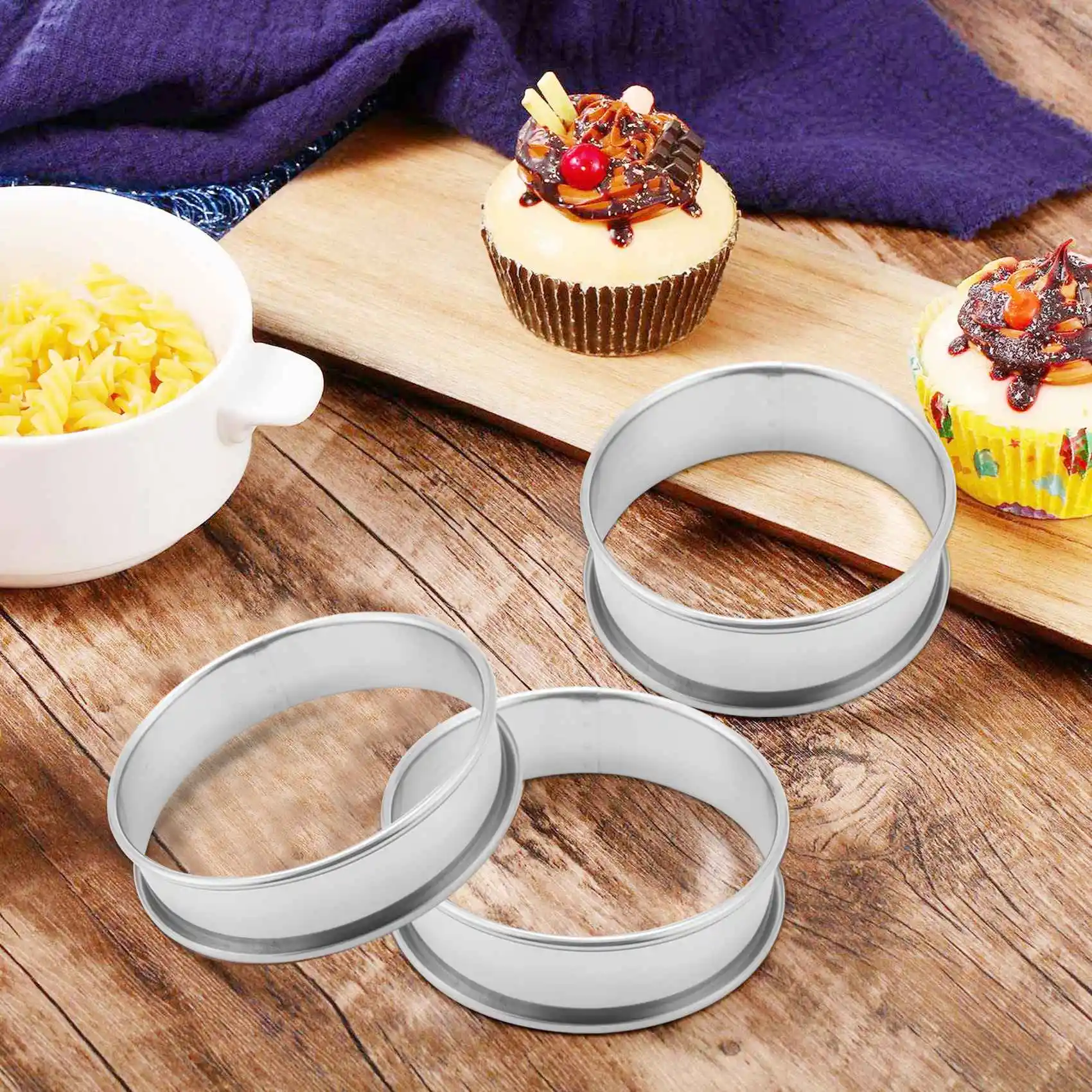 Anillos para tartas y muffins de 8 piezas y 4,1 pulgadas, doble anillo de acero inoxidable, molde redondo para cocina casera, herramientas para hornear