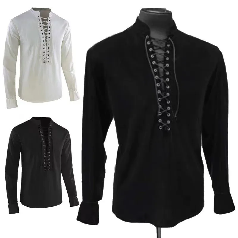 2025Men's Renaissance Doctor Strange Costume Top Cotton Cosplay Shirt Halloween Medieval Viking Pirate Long Sleeved