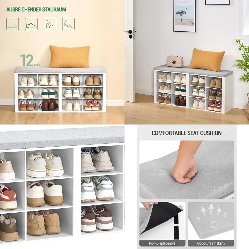 

Cushioned Entryway Shoe Bench with 12 Storage Cubbies, Adjustable Shelf Shoe Organizer for Home, White SB19003GY