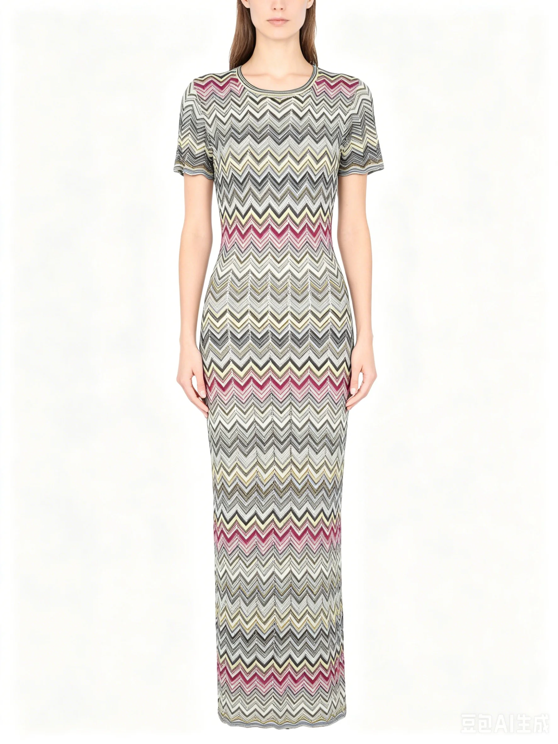 

26152 Elegant Party Maxi Dress Summer Women Short Sleeve Chevron Striped Wave Pattern Bodycon Knitted Daily Dress