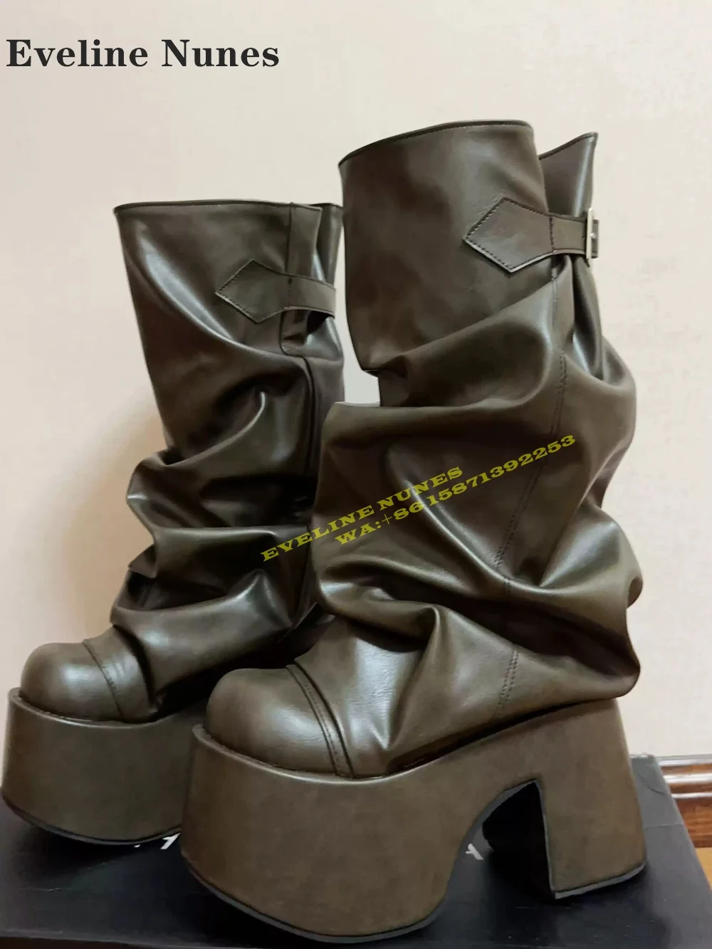 

Platform Belt Buckle Cyberpunk Modern Boots Round Toe Thick Sole Height Increasing Pleated Retro Slouch Boots Subculture Style