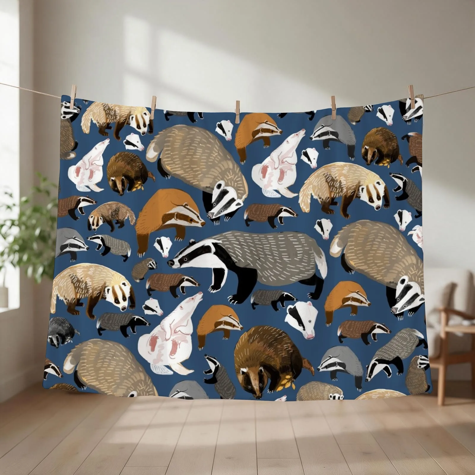 Eurasian badgers pattern Blue Throw Blanket couch cozy soft plush fuzzy picnic outdoor blanket