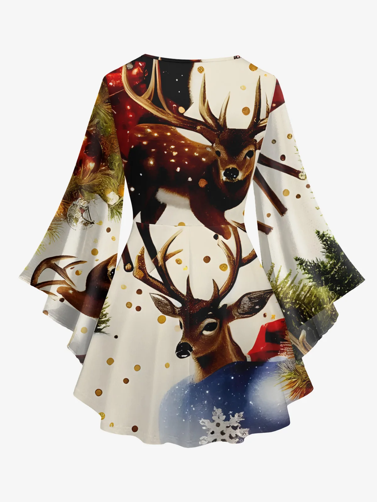 Women's Matching Set Autumn Thin Outfits 3D Christmas Tree Ball Elk Snowflake Print Lattice Long Sleeves T-shirt And Flare Pants