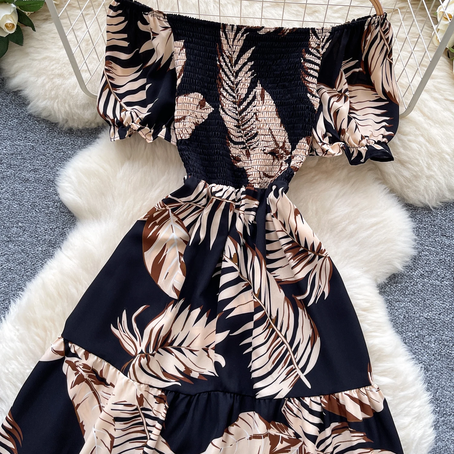 Chic vintage slash neck stampa Elegante fata moda coreana Boho Sundress abbigliamento donna Abito da spiaggia