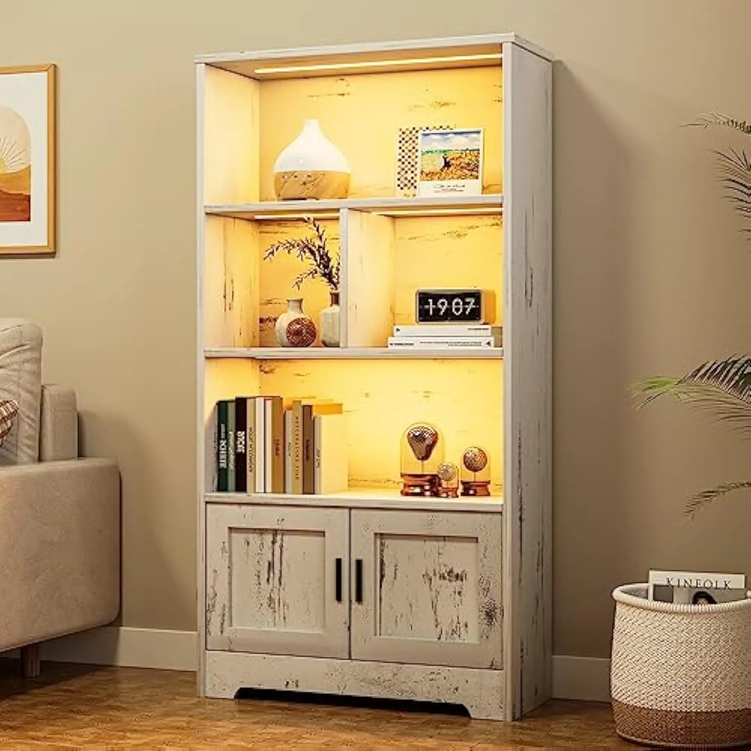 

White bookshelf with led lights farmhouse bookcase with doors modern storage rack 3 shelf standing bookshelves wooden display s