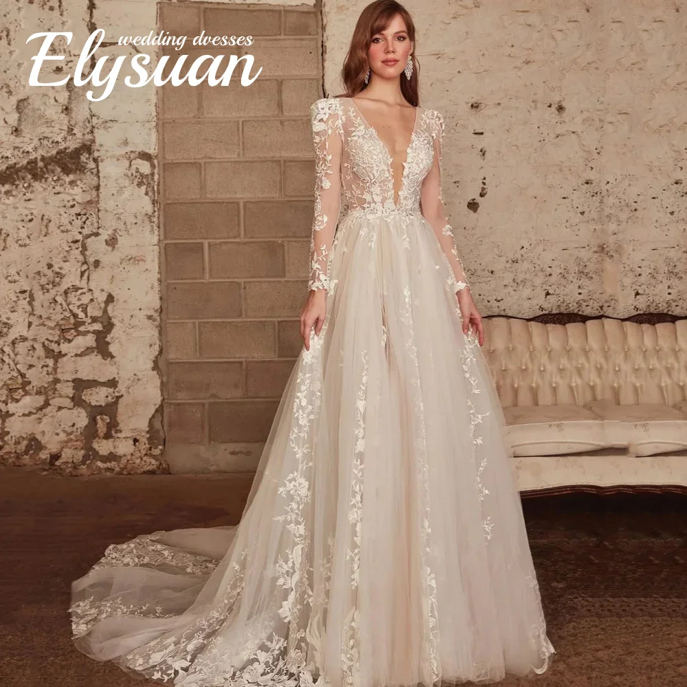 

Изысканные свадебные платья на заказ: V-образный вырез, длинные рукава, фасон А-силуэт, с аппликациями, элегантные свадебные наряды (Vestidos De Novia)