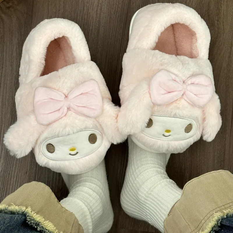 Sanrio Melody Slippers Kawaii Kuromi Winter Indoor Home Thick Warm Cute Plush Shoes Footwear Hello Kitty  Cinnamoroll Y2k Shoes