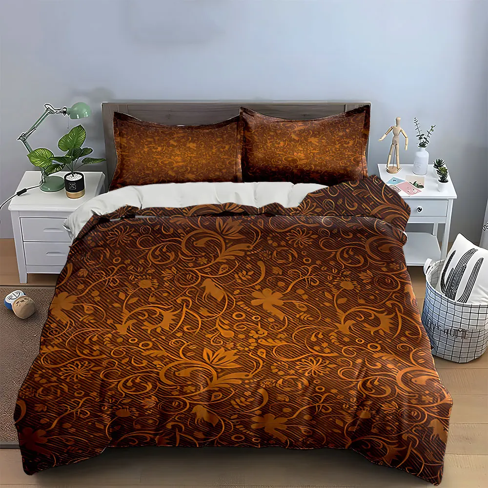 3Pcs Golden Baroque Bedding Set, Vintage Floral Scroll Pattern in Warm Gold Print Duvet Cover + 2 Pillowcases, Luxe Decor