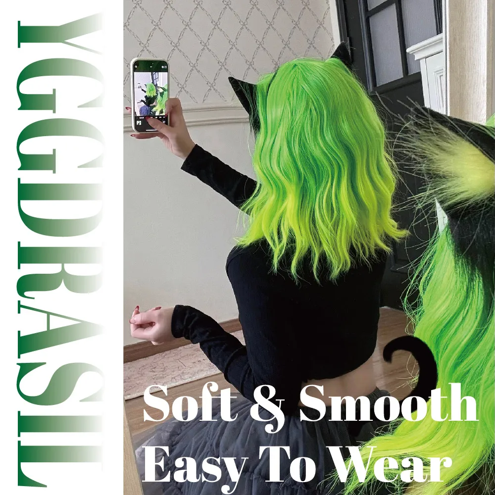 16Inch Gothic Green Gradient Synthetic Wigs Middle Part Short Natural Wavy Hair Wig for Women Daily Use Cosplay Heat Resistant