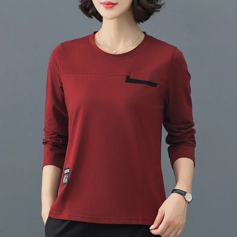 

Spring and Autumn Women's Pullover Round Neck Long Sleeve Solid Patchwork Letter Loose Office Lady T-Shirts Fashion Casual Tops