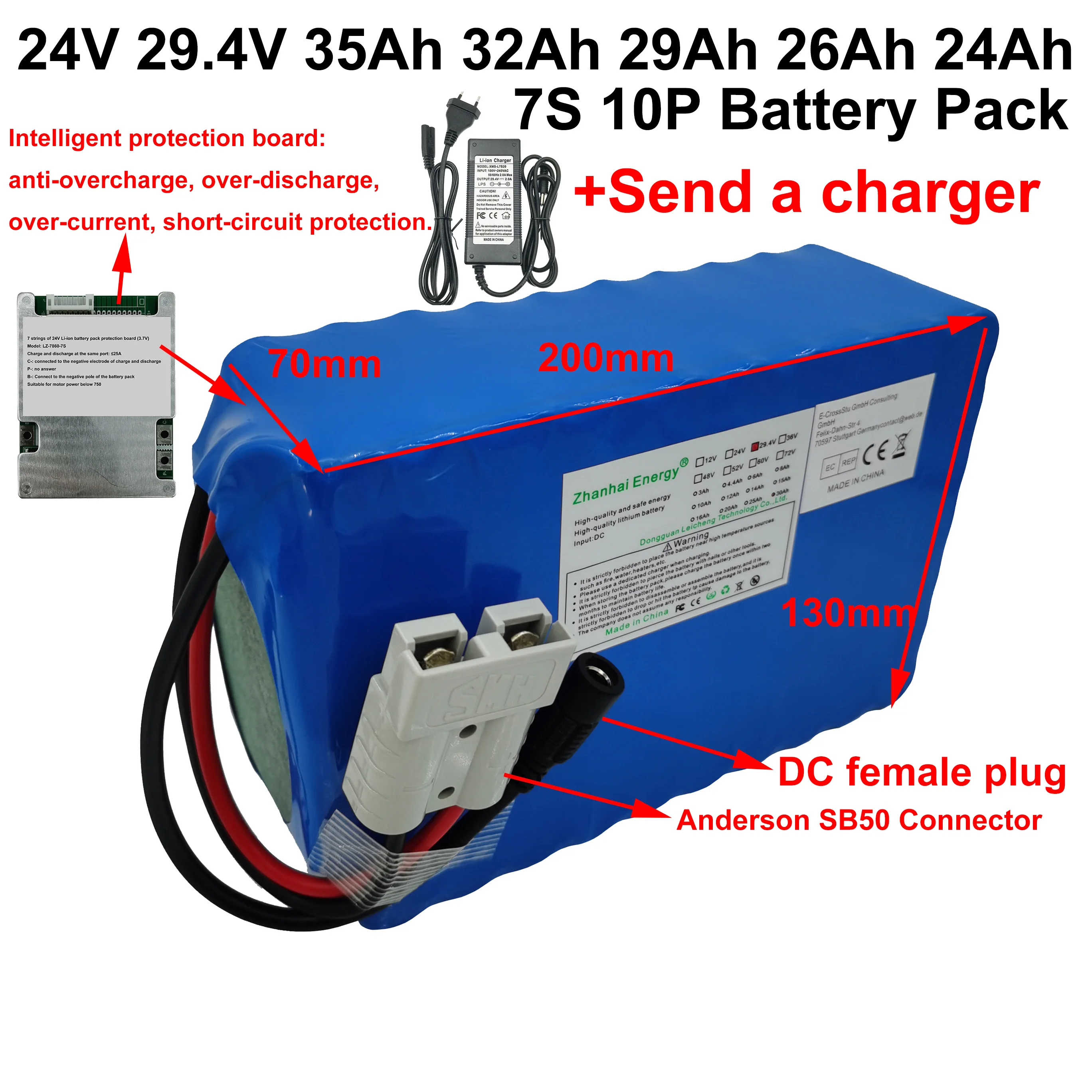 بطارية ليثيوم أيون 24 فولت 29.4 فولت 35Ah 32Ah 29Ah 26Ah 24Ah 18650 حزمة بطارية قابلة للشحن 7S 10P لدراجات نارية كهربائية أقل من 1000 واط