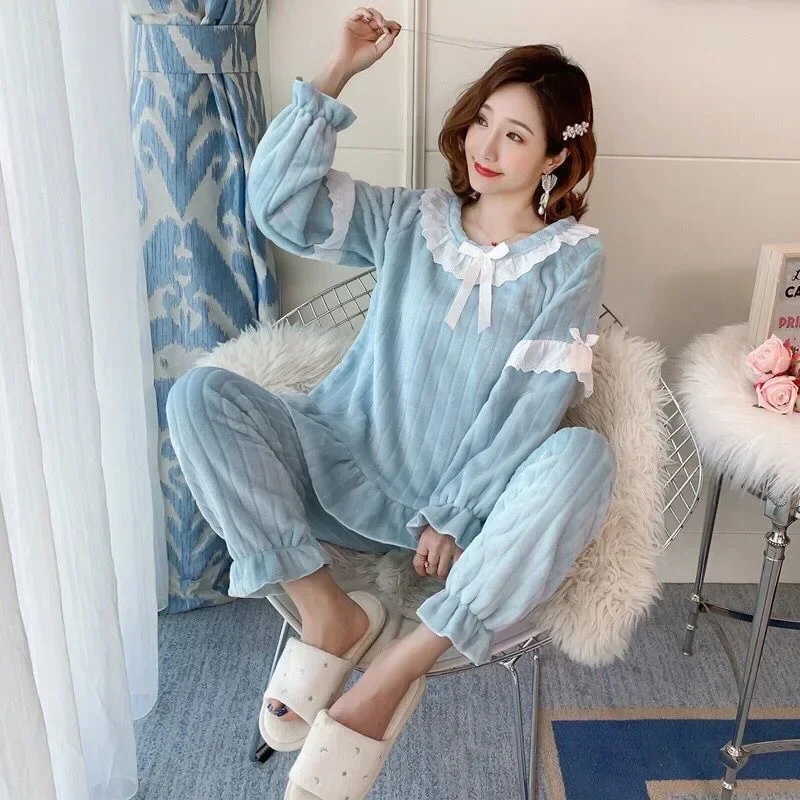 Sweet Bow Design Women Winter Pajama Sets Cute Fleece Velvet Warm Sleepwear Girls Solid Soft Home Wear Lovely Thick Nightwear