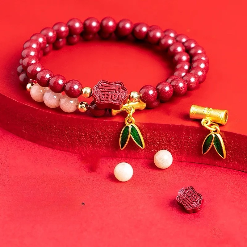 

Double Ring Cinnabar Bracelet, Good Luck and Peace Bamboo Bracelet, Fashion Jewelry, Ladies' Gift