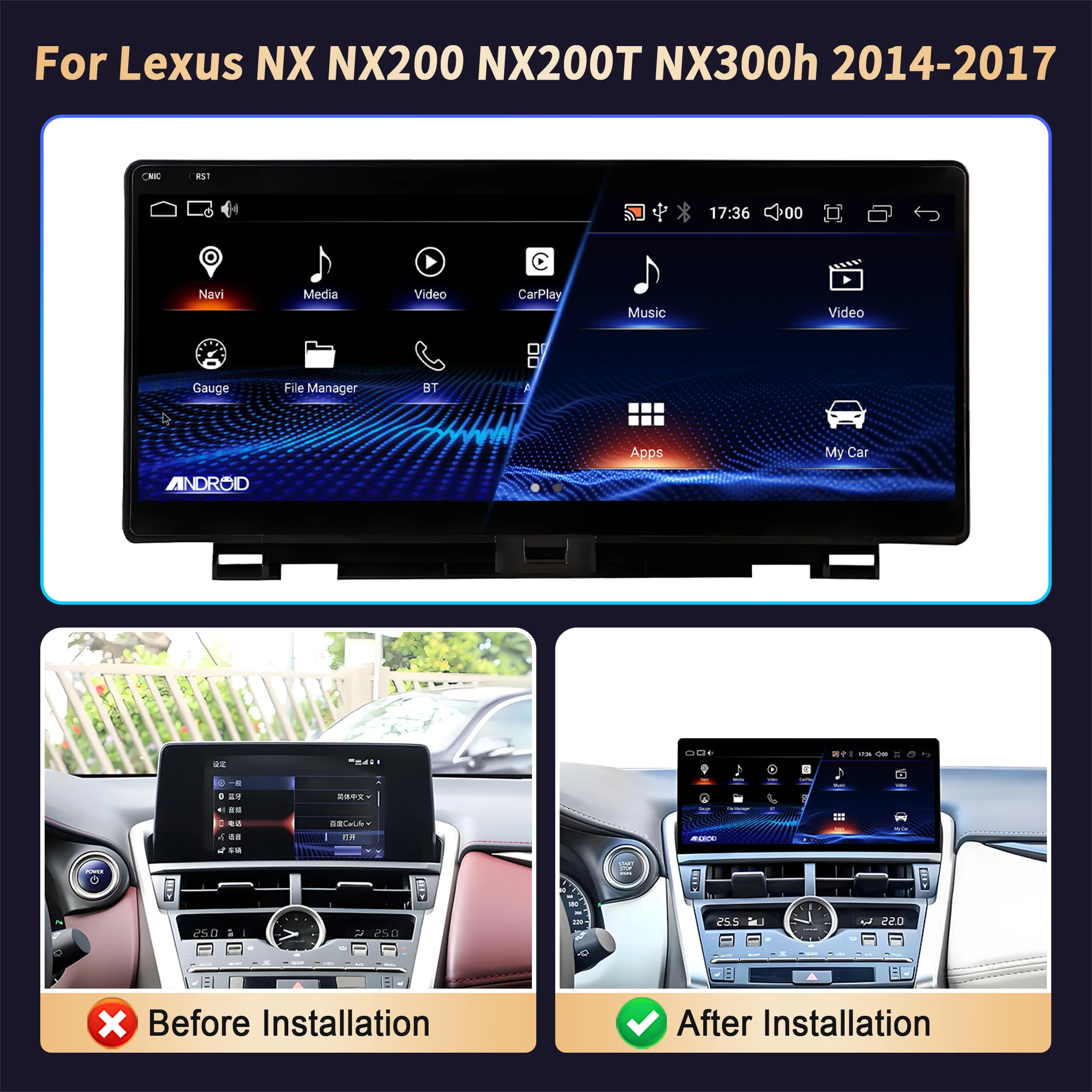10.25 "Per Lexus NX NX200 NX200T NX300h 2014-2017 Android 14 Autoradio Multimediale di Navigazione GPS Wireless CarPlay Touch Screen