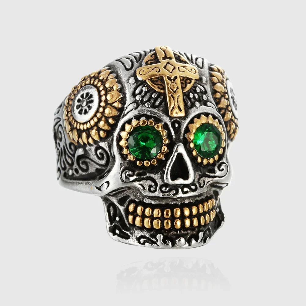 Punk Rock Gold Farbe Edelstahl Premium Schädel Biker Ring Männer Große Größe 9-13 Kreuz Schmuck