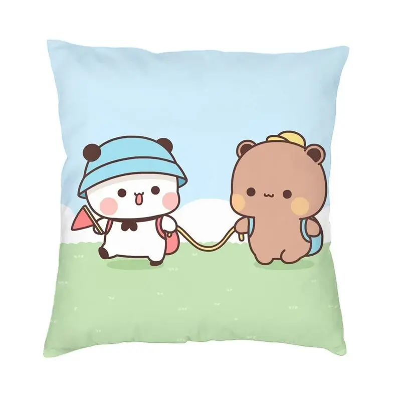 Panda And Brownie Bear Couple Cushion Cover Double Side Print Peach And Goma Throw Pillow Case for Living Room Cool Pillowcase