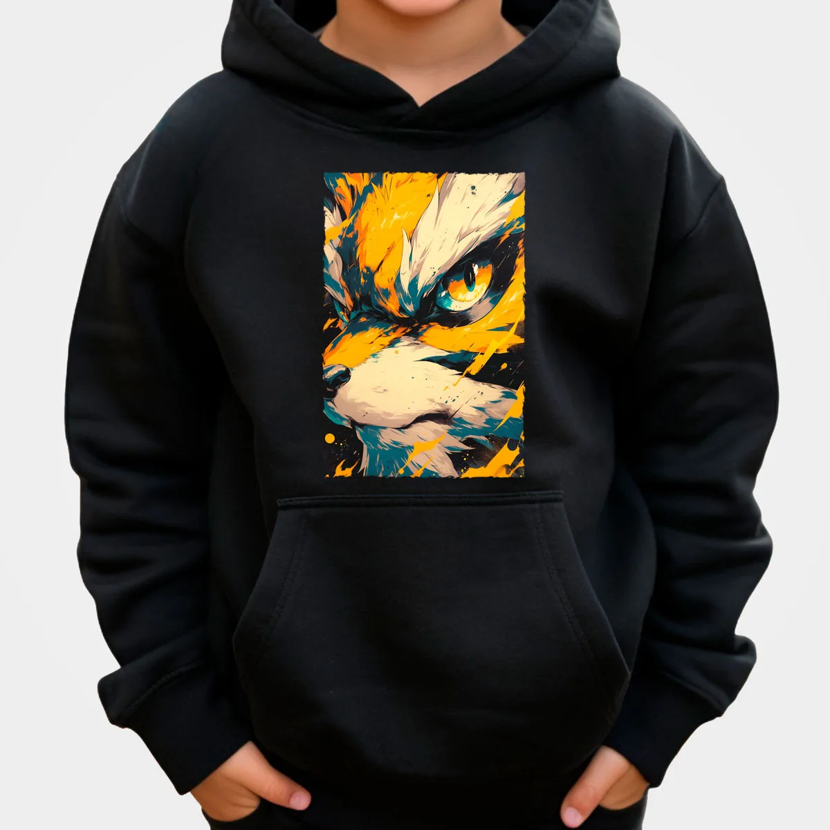 Pokemon Anime Gengar Baumwoll-Hoodie, Schwarz mit lila Geist, leuchtende Augen, Rot, Blau, Feuere Ausdruck, lockere Passform, lässig