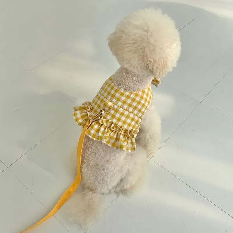 1/set Pet Dog Plaid Harness Color Contrast Traction Rope Pet Fungus Lace Short Vest Walking Dogs Rope Pet Supplies Dog Harness