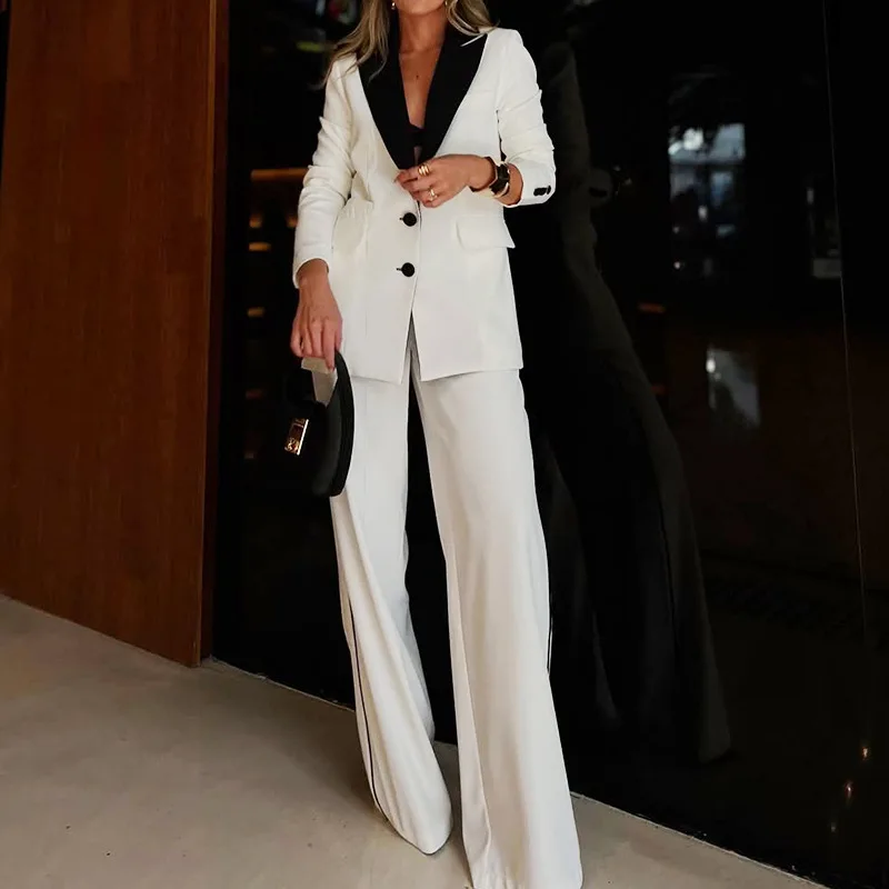 

2025 New Women White Suit Lapel Professional Jacket Straight Loose Pants Two Piece Set Fashion Temperament Commute Suit