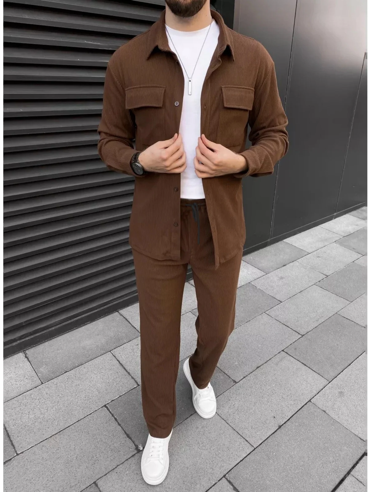 Men's Corduroy Casual Collared Shirt Long-Sleeved Two-Piece Set Classic Sports Streetwear for Spring And Autumn
