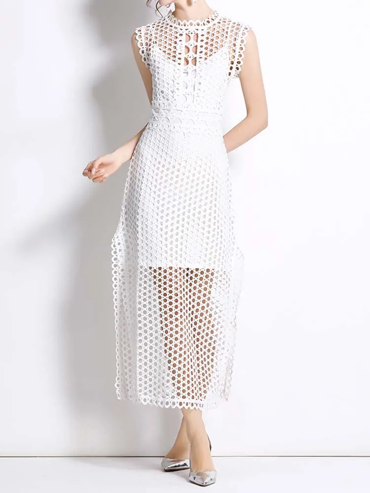 Elegant Hollowed Out Round Neck Slit Sleeveless Dress With Suspender Inside 2025 New Fashionable Spring Women'S Clothing