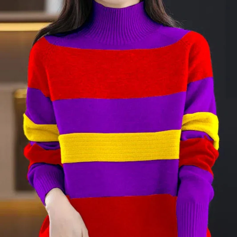 Contrast Color Half High Collar Sweater Women 2024 Autumn Winter New Patchwork Striped Loose Fashion Knitted Long Sleeved Top