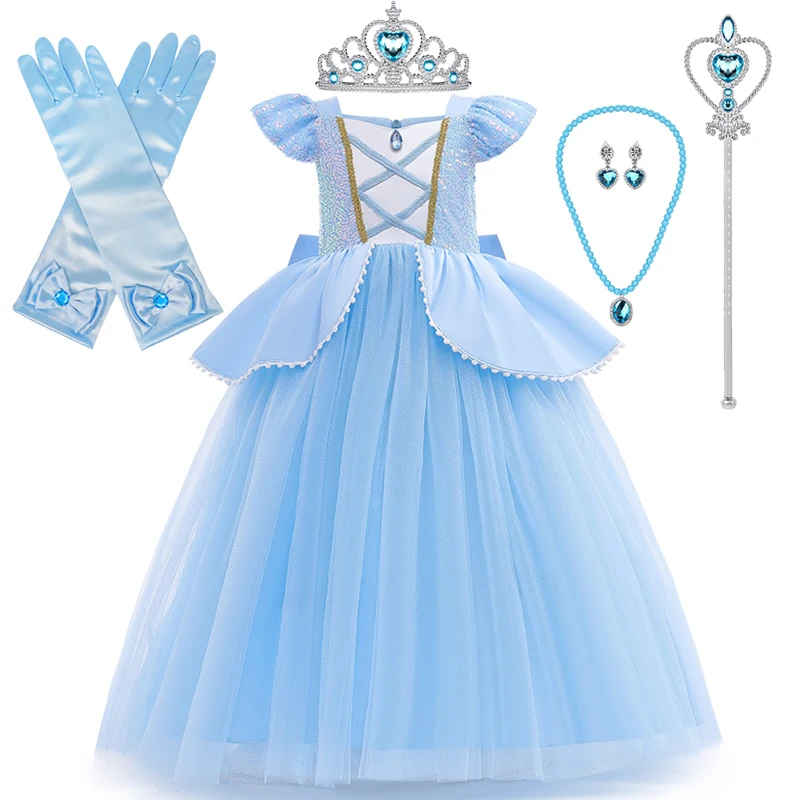 Children Dreamy Girls Cinderella Cosplay Costume Princess Ball Gown Kids Sequin Mesh Disguise Dress For Carnival Birthday Party