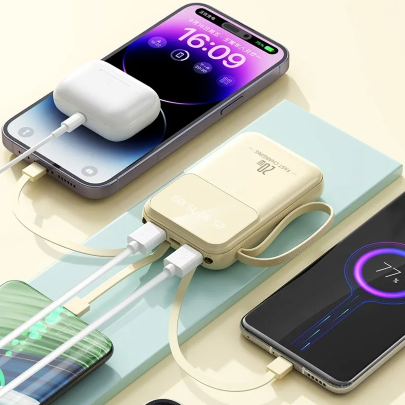 20000mAh Power Bank with Color Screen & 4 Built-in Cables All-in-One Portable Power Bank  Fast Charging