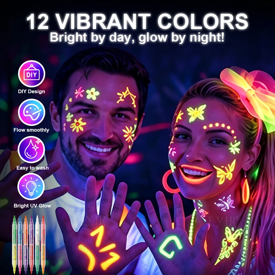 UV Paint Pens Dual Head 6pcs 12 Colors Fluorescent Body Face Paint Markers Glow Effect DIY Art Pens Halloween Christmas Party