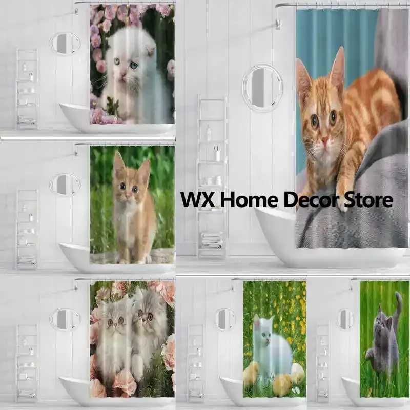 3D Printing Waterproof Shower Curtain with Cute Cat Patterns for Bathroom Decor