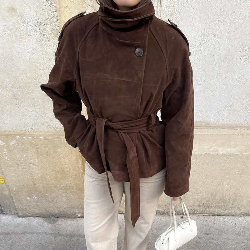 Damen Wildlederjacken mit Rollkragen, seitlicher Knopfleiste, langen Ärmeln und Gürtel – Herbst Streetwear mit Epauletten, einfarbig, locker geschnitten, neu – Detail 1