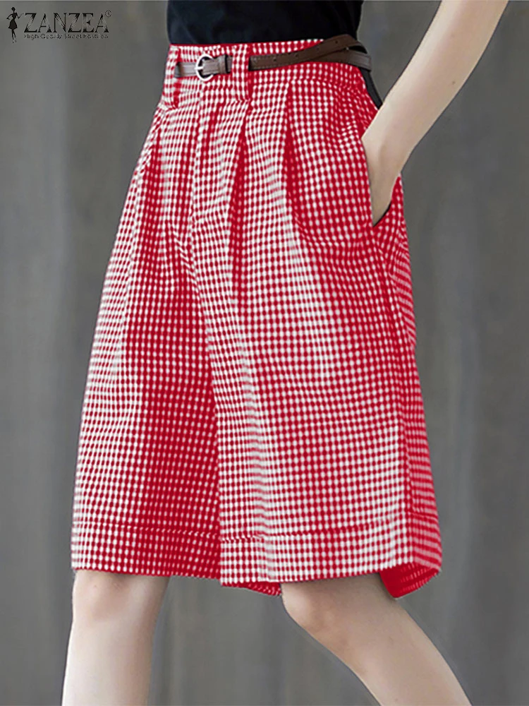ZANZEA Loose Commuting Gingham Shorts 2025 Summer Checked Day Wear High Waist Knee-Length Pants Casual Woman Wide-Leg Shorts