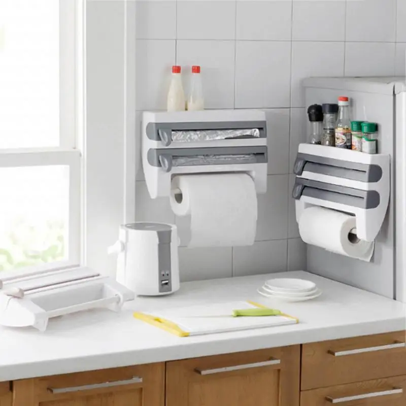 3 In 1 Food Film Dispenser Wall-Mount Wrap Dispenser With Paper Towel Holder For Kitchen Aluminum Foil Stretch Film Cutter
