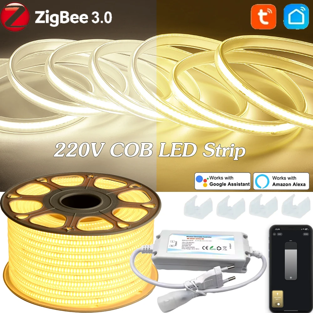 ZIGBEE 3.0 220V COB LED Strip Light Highlight Waterproof 288LED/m CRI 80 Linear Lighting Flexible LED Rome Decor for Alexa